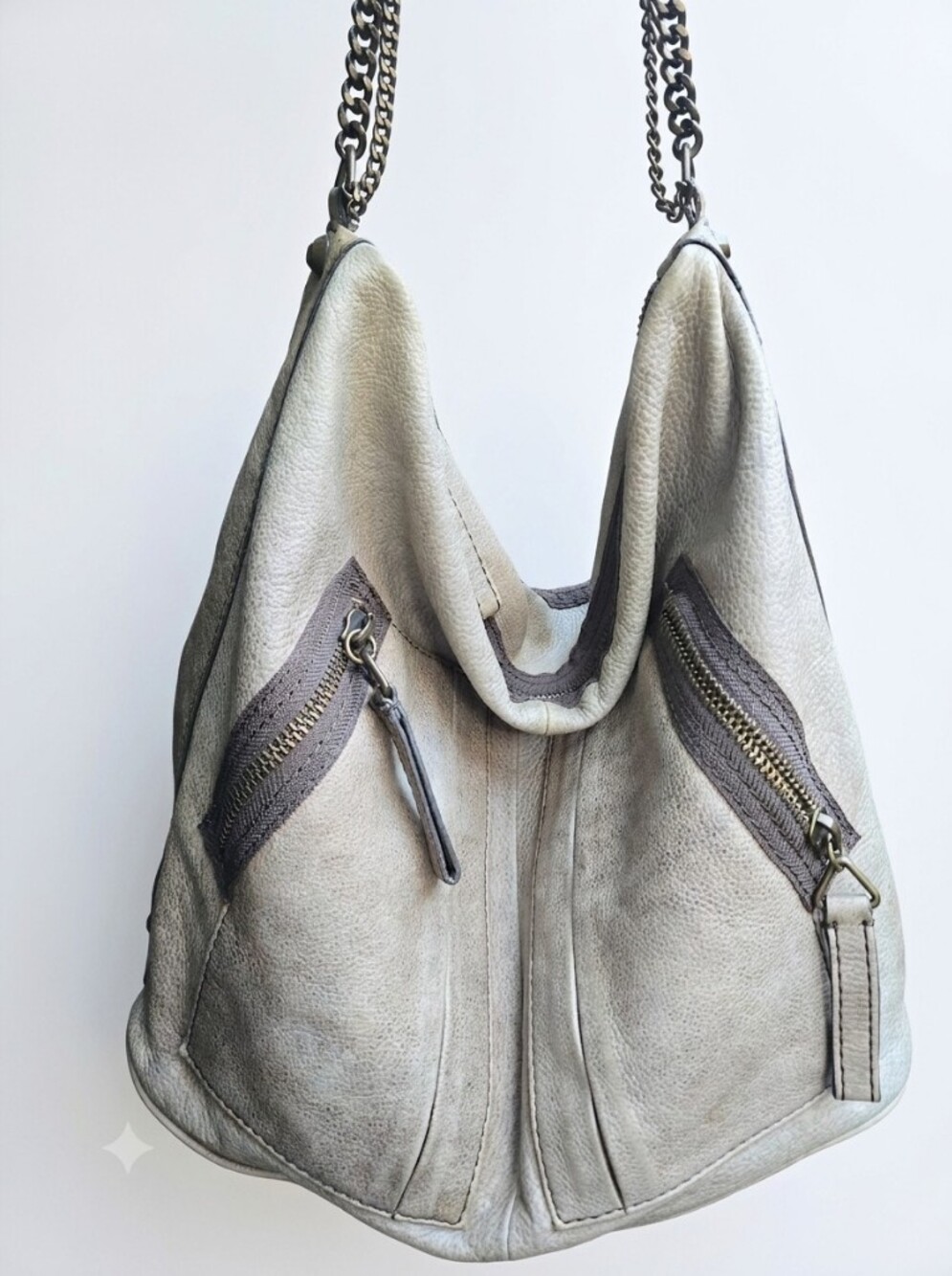 JCrew Y2K Distressed Moto Chain Leather Pebbled Hobo Shoulder Slouchy Tan Brown